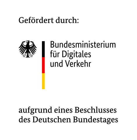 Schwarze Schrift mit "Bundesministerium für Digitales und Verkehr", daneben das Bundeswappen und die Farben der Deutschland Flagge. 