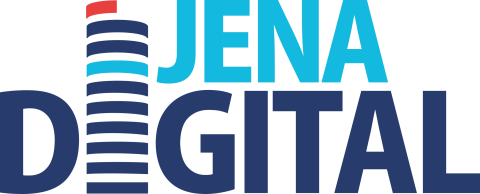 Das Logo von Jena Digital in Hell- und Dunkelblau mit dem JenTower.