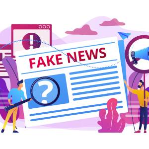 Illustration von Menschen vor Zeitungsartikel. Überschrift Fake News