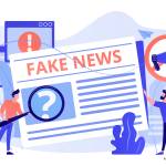 Grafik zeigt zwei Personen am Rand, die auf einen Zeitungsartikel in der Mitte zeigen, auf dem "Fake News" steht.