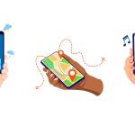 Viele Hände halten Smartphones in der Hand mit verschiedenen Apps.