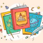 Illustration zeigt mehrere Bücher mit kindlichen Motiven.