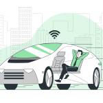 Mann in einem auf der Straße fahrendem, autonomen Auto 