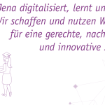 Vision der Stadt Jena: "Jena digitalisiert, lernt und teilt. Wir schaffen und nutzen WISSEN für eine gerechte, nachhaltige und innovative Stadt", daneben ein Mann der durch ein Handy einer jungen Frau mit Abschlussmütze die Hand gibt.