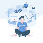 Junger Mann mit VR-Brille (virtuelle Realität), der in eine Welt mit Büchern, Videospielen und Videos eintaucht