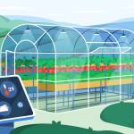 Bepflanztes Gewächshaus mit smarter Monitorüberwachung im Vordergrund
