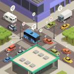 Straßenkreuzung mit verschiedenen Verkehrsteilnehmern und Ampeln, die durch da WLAN-Symbol eine Vernetzung der Verkehrsteilnehmer darstellen