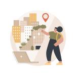 Frau mit Laptop die sich die Stadt anschaut. Im Hintergrund sind Gebäude und ein Haus mit einer Grünfläche auf dem Dach und mehreren Pflanzen.