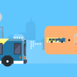 E-Bus wird an einer Ladestation geladen, daneben befindet sich eine kleine Darstellung mit dem aktuellen niedrigen Ladezustand des Busses.