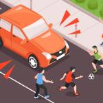 Auto fährt auf Kinder zu, welche auf der Straße Fußball spielen. 