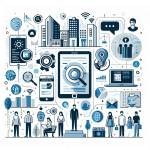 Es zeigt ein digitales Verwaltungssystem auf verschiedenen digitalen Endgeräten, mehrere Personen sind abgebildet, sowie eine Stadt und sie sind alle miteinander verbunden..