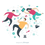 Zu sehen sind drei Personen die digitale Geräte in der Hand halten. Um sie herum sind verschiedene Zeichen dargestellt.