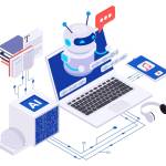 Zu sehen ist ein Laptop mit KI generiertem Chatbot, der an ein Handy auf dem Musik abgespielt wird und an eine Datenplattform angeschlossen ist. Die Datenplattform trägt den Schriftzug "AI" und zieht Informationen aus verschiedenen Texten und Büchern, welche darüber abgebildet sind.
