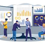 Grafik zeigt vier Personen an PCs und Monitoren in Arbeitssituation.
