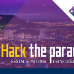 Im Hintergrund sieht man die Stadt Jena bei Nacht, wobei die Hälfte des Bildes mit der Schrift "Hack the paradise! Gestalte mit uns deine digitale Stadt" auf lila transparentem Untergrund steht. Rechts oben ist das Logo des Smart City Projekts Jena zu sehen.