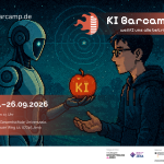 Ein Roboter hält einen roten Apfel mit der Inschrift "KI" in der linken Hand und ihm gegenüber steht ein Mann mit einem Kapuzenpullover und Brille und streckt die linke Hand nach dem Apfel aus. In der rechten oberen Ecke steht: "KI-Barcamp - weil KI uns alle betrifft". In der linken oberen Ecke steht: "ki-barcamp.de". Unten Links in der Ecke steht: "25.-26.09.2026 Beginn 15 Uhr, Freie Gesamtschule Universaale, Burgauer Weg 1a, 07745 Jena" 