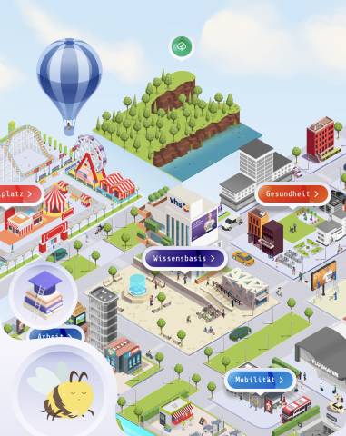 Szene aus der App zeigt virtuelle Stadt.