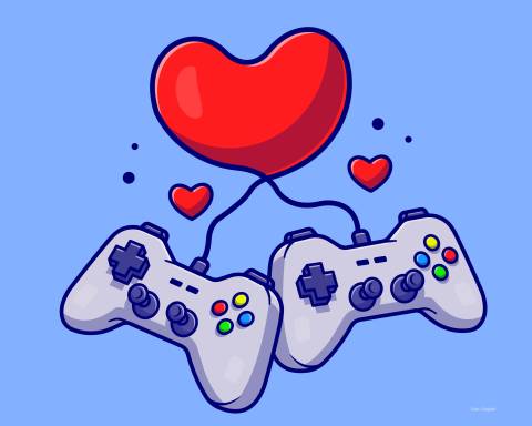 Cartoon zeigt zwei Spielekonsolen, die mit einem roten Herz verbunden sind.