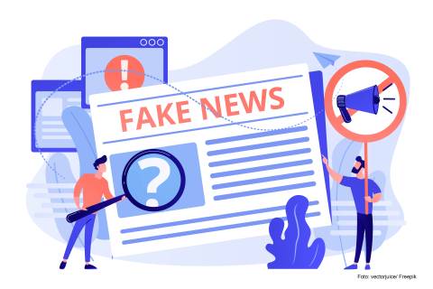 Grafik zeigt zwei Personen am Rand, die auf einen Zeitungsartikel in der Mitte zeigen, auf dem "Fake News" steht.
