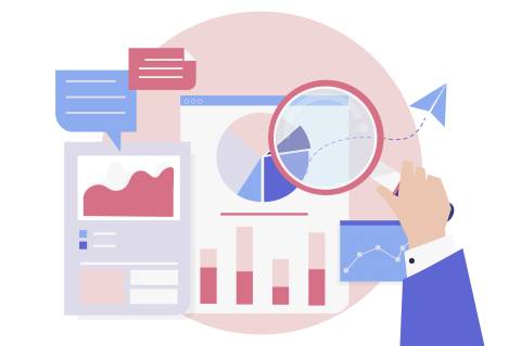 In verschiedenen Teilen eines Bildes (bspw. bei Diagrammen und Graphen) werden die Informationen und Daten mit einer Lupe untersucht.