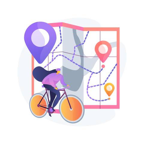 Frau auf einem Fahrrad, im Hintergrund eine Karte mit mehreren Routen aufgezeichnet