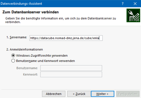 Auszug der Ansicht Datenverbindungs-Assistent der XMLA-Datenquelle aus der Distribution "Zugriff über XMLA-Schnittstelle" des Katalogs (Daten und Modelle) der WISSENsAllemende Jena