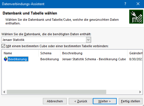 Auszug der Ansicht Datenverbindungs-Assistent der XMLA-Datenquelle aus der Distribution "Zugriff über XMLA-Schnittstelle" des Katalogs (Daten und Modelle) der WISSENsAllemende Jena