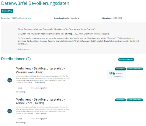 Auszug des Datenwürfel Bevölkerungsdaten des Katalogs (Daten und Modelle) der WISSENsAllemende Jena