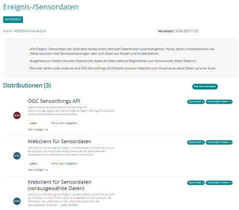 Auszug aus der Ansicht des Katalog Ereignis-/Sensordaten der WAJ