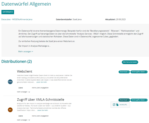 Auszug der Ansicht aus dem Katalog Daten und Modelle des Datenwürfel Allgemein der WAJ