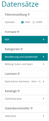 Auszug der Filterung der Datensätze aus der Startseite der WISSENsAllmende Jena