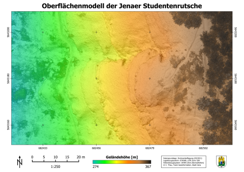 Mittels Bildflugauswertung erzeugtes Oberflächenmodell der Jenaer Studentenrutsche
