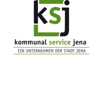 Ein Schriftzug: "ksj - kommunal service jena - Ein Unternehmen der Stadt Jena".