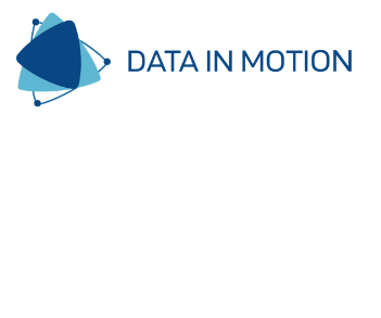 Links das Logo von Data in Motion (Drei Blaue Dreiecke übereinander gelegt), daneben ein Schriftzug: "DATA IN MOTION".