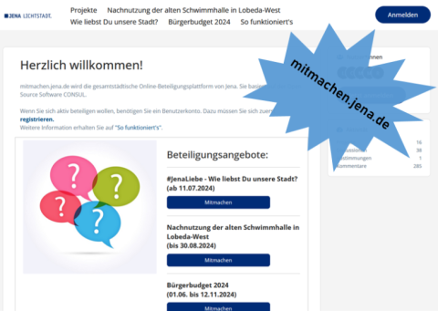 Zu sehen ist die Startseite von mitmachen.jena.de eine gesamtstädtische Beteiligungsplattform von Jena.