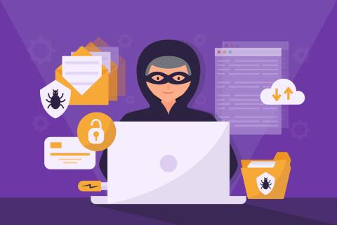 Mensch mit Maske sitzt vor einem PC, um ihn herum verschiedene Icons.