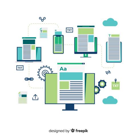 Computer in der Mitte, aus dem ein Text-Dokument herausragt, um ihn herum weitere digitale Endgeräte mit Text-Dokumente die mit einer gestrichelten Linie verbunden sindd