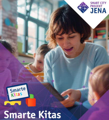 Eine Frau die ein Tablet hälft mit Kindern um sich herum