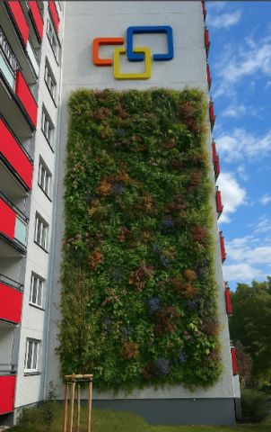 Eine Hausfassade an der eine dichte Pflanzendecke hochwächst.