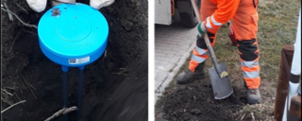 Auf dem linken Teil des Bildes sieht man einen blauen Sensor, der in einem Erdloch versenkt wird. Auf dem rechten Teil schaufelt ein Mann das Loch zu.