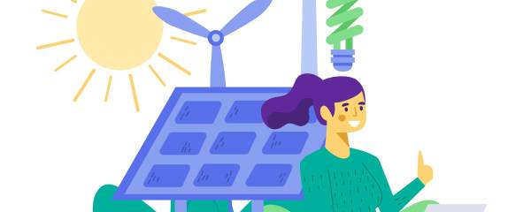 Frau mit Laptop sitzt vor Solarstation und Windrädern 