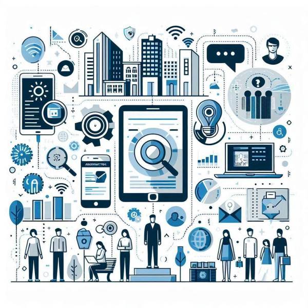 Es zeigt ein digitales Verwaltungssystem auf verschiedenen digitalen Endgeräten, mehrere Personen sind abgebildet, sowie eine Stadt und sie sind alle miteinander verbunden..