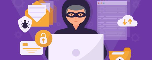 Mensch mit Maske sitzt vor einem PC, um ihn herum verschiedene Icons.