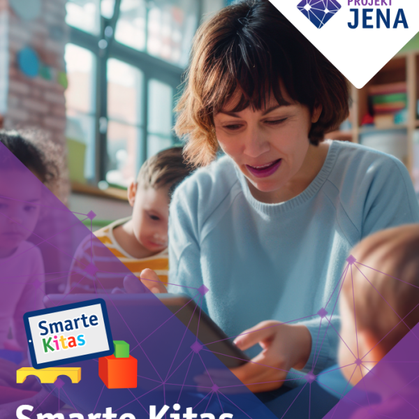 Eine Frau die ein Tablet hälft mit Kindern um sich herum