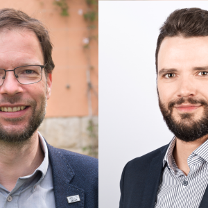 Links der Oberbürgermeister Thomas Nitzsche im Portrait, rechts der Dezernent Benjamin Koppe