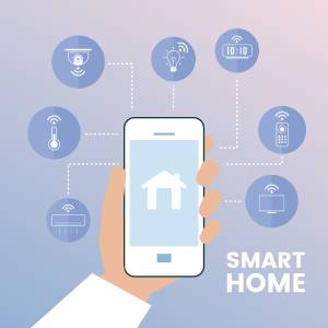 Smartphone, auf dem ein Haussymbol zu sehen ist, von dem Handy gehen verschiedene Verbindungen weg, die zu Icons (Fernsehr, Termperatur, Licht und Klimaanlage) führen; das Bild stellt die Steuerung von Smarte Home-Anwendungen über das Smartphone dar