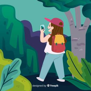 Ein Mädchen, mit einem Handy in der Hand, läuft durch einen Wald. Das Bild stellt das Erleben eines digitalen Abenteuers dar.