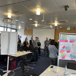 Teilnehmende stehen in einem Raum mit Flipcharts
