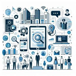Es zeigt ein digitales Verwaltungssystem auf verschiedenen digitalen Endgeräten, mehrere Personen sind abgebildet, sowie eine Stadt und sie sind alle miteinander verbunden..