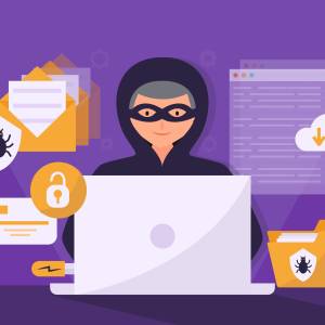 Mensch mit Maske sitzt vor einem PC, um ihn herum verschiedene Icons.